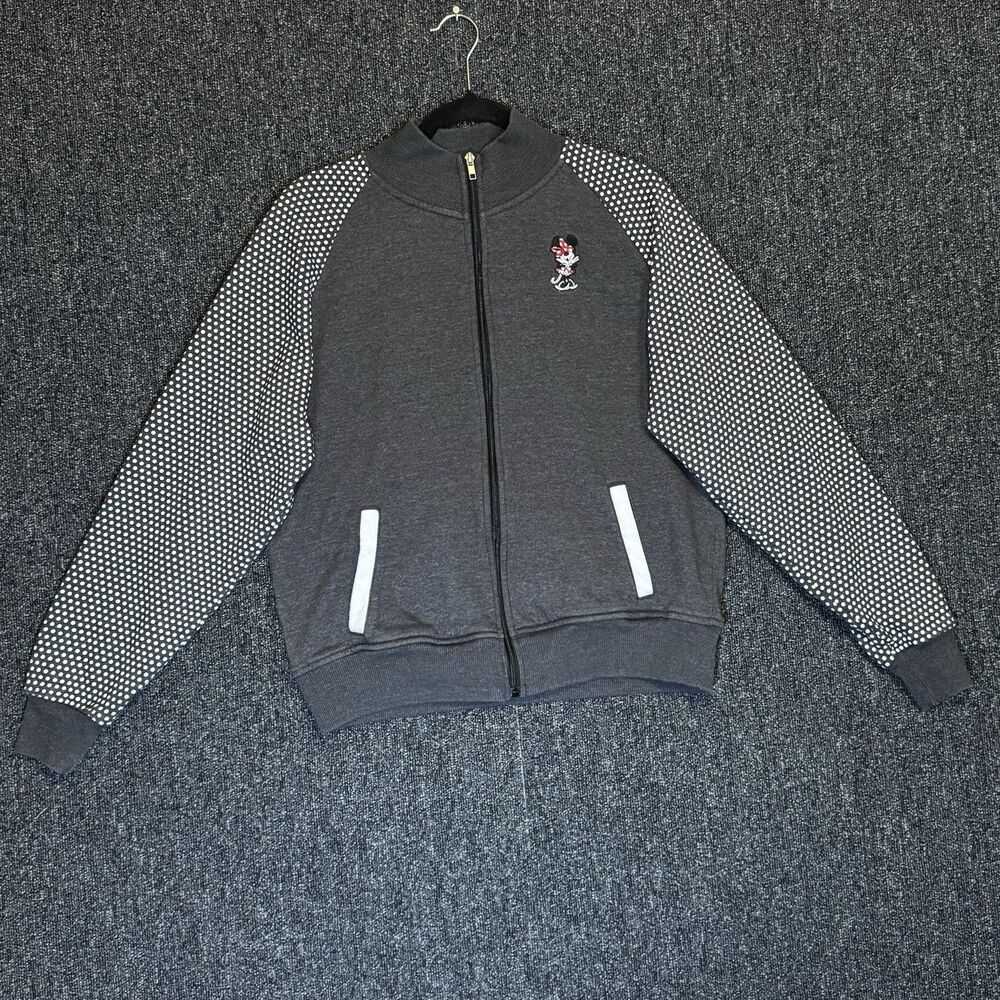 Disney Parks Minnie Mouse Jacket Women’s Sz XL Grey Polka Dot Raglan Fleece Zip